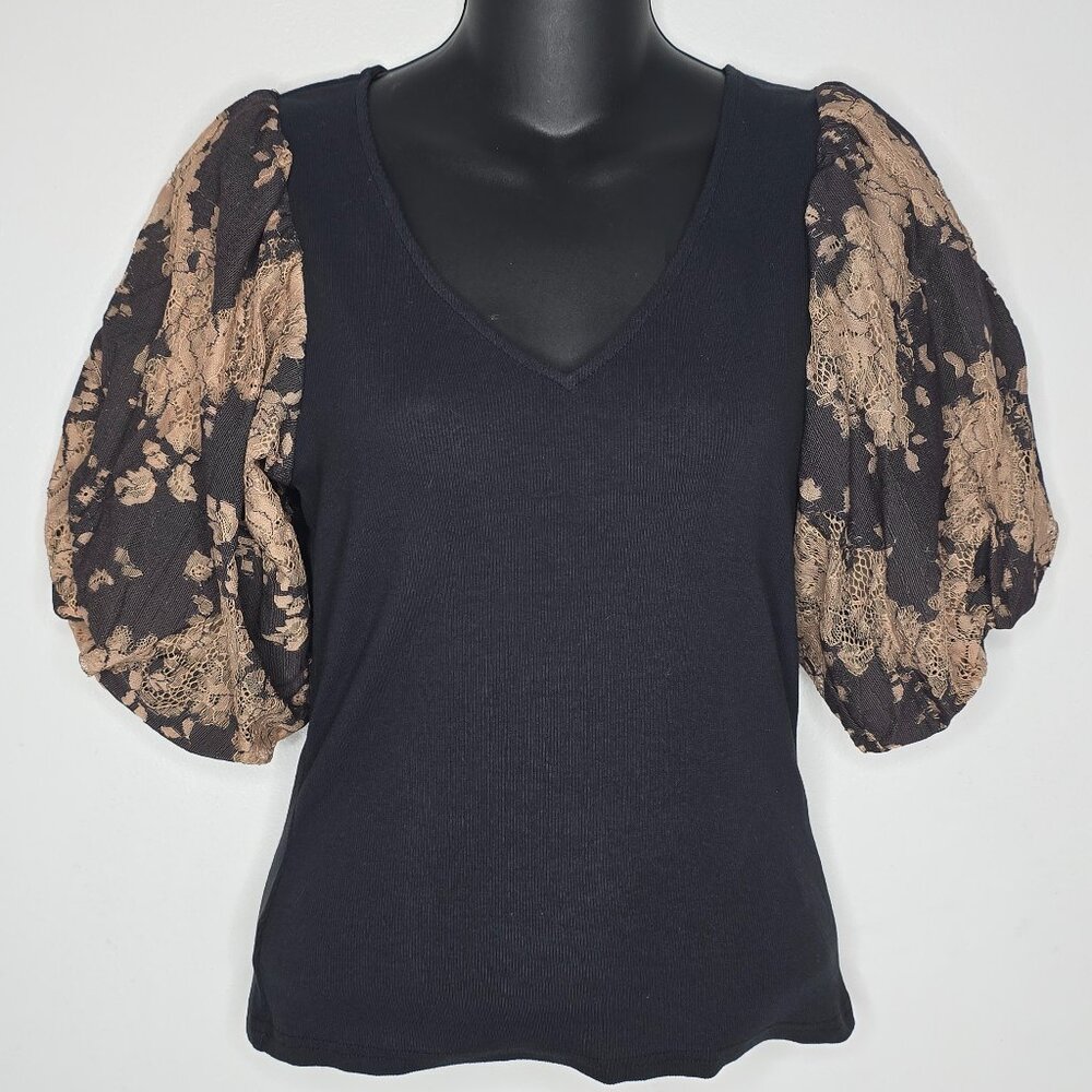 Dolan Anthropologie Top Womens XS Black‎ Puff Sleeve Boho Cottagecore Lace NEW